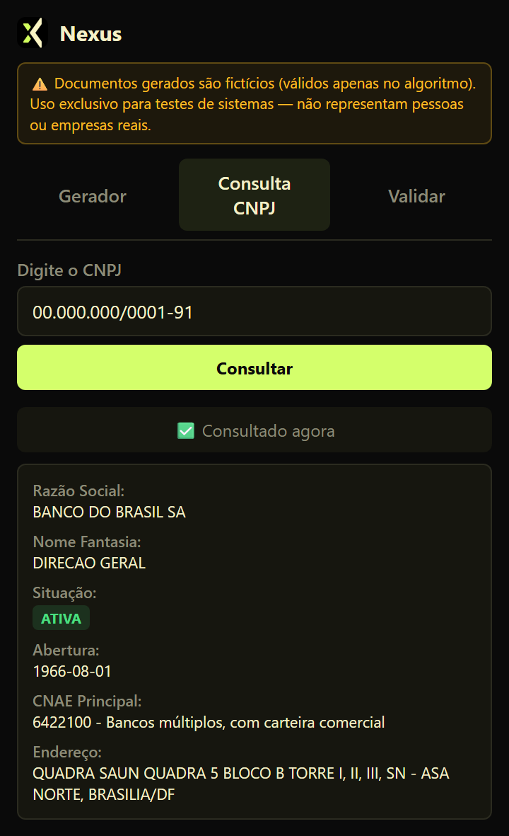 Consulta de CNPJ na aba do Nexus mostrando dados reais da Receita Federal