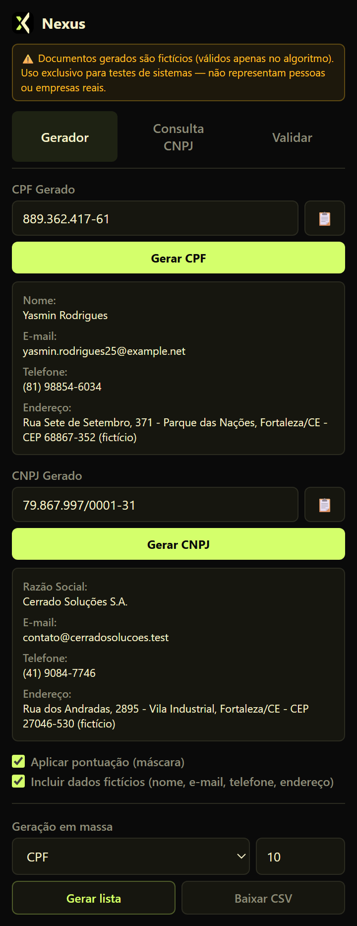 Aba Gerador do Nexus mostrando um CPF e um CNPJ gerados, com dados fictícios completos