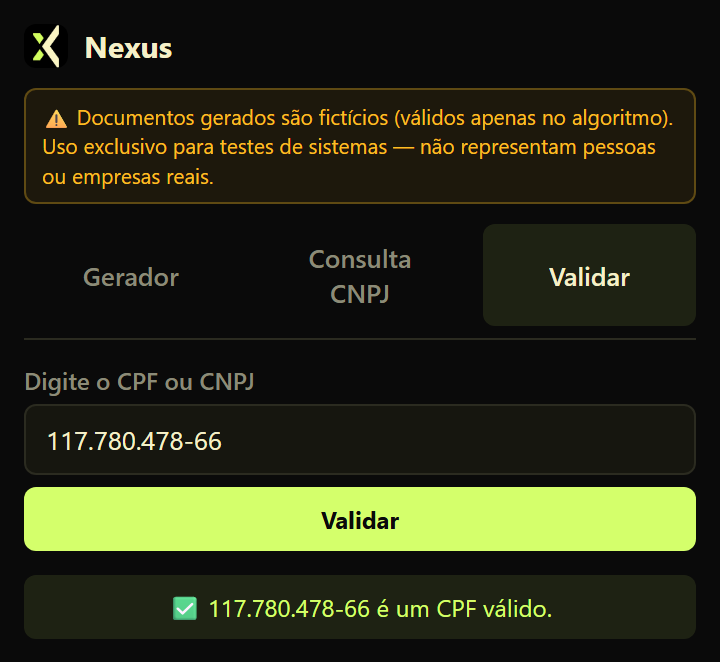 Aba Validar do Nexus confirmando que um CPF é válido